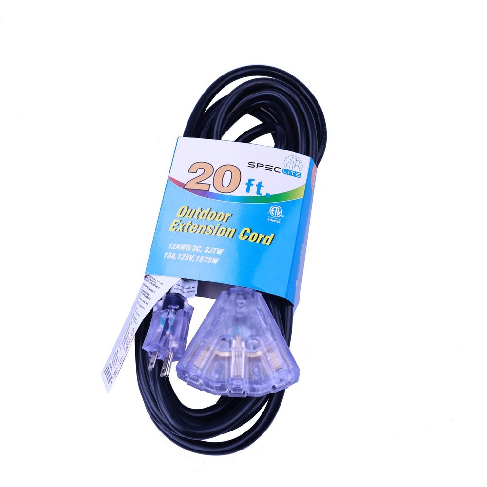 [R] Rallonge électrique pour projecteur de chantier prise triple lumineuse 20FT 12/3 125V 15A 1875W noir