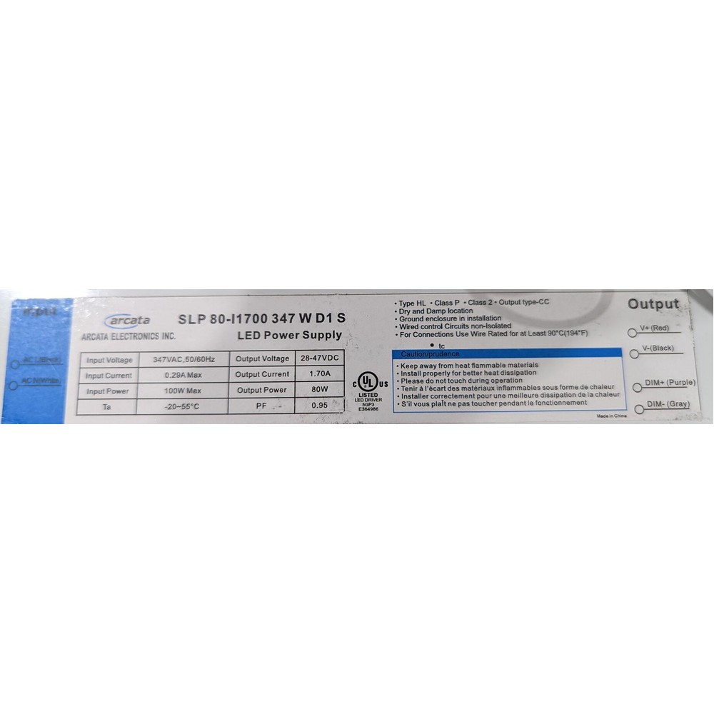 LED Driver Arcata 347VAC 28-47VDC 80W 1.70A Dimmable 1-10VDC UL Dry and Damp
