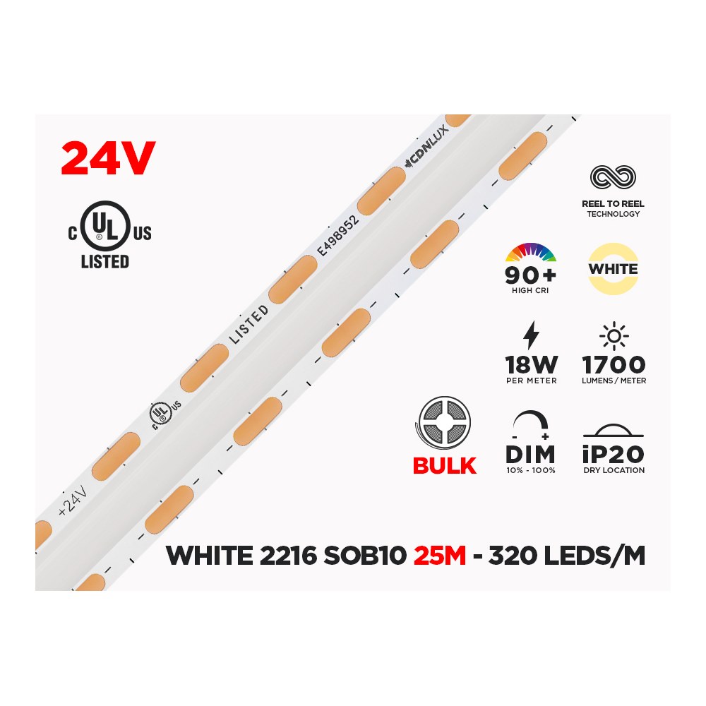 SOB10 - 24V 25M IP20 2216-SOB SINGLE COLOR LED STRIP - 320 LEDS/M (STRIP ONLY)