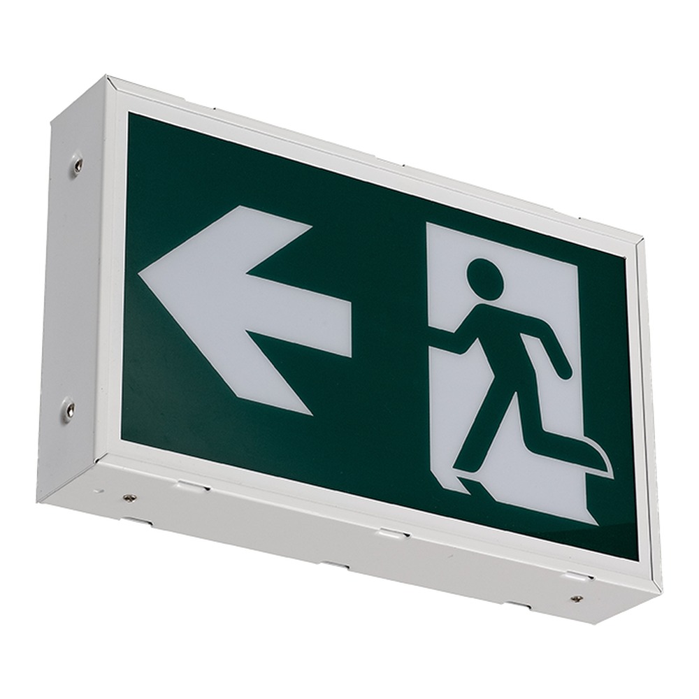 “RUNNING MAN” LED EMERGENCY SIGN - WHITE METAL HOUSING NI-CD BATTERY BACKUP FOR 2 HOURS