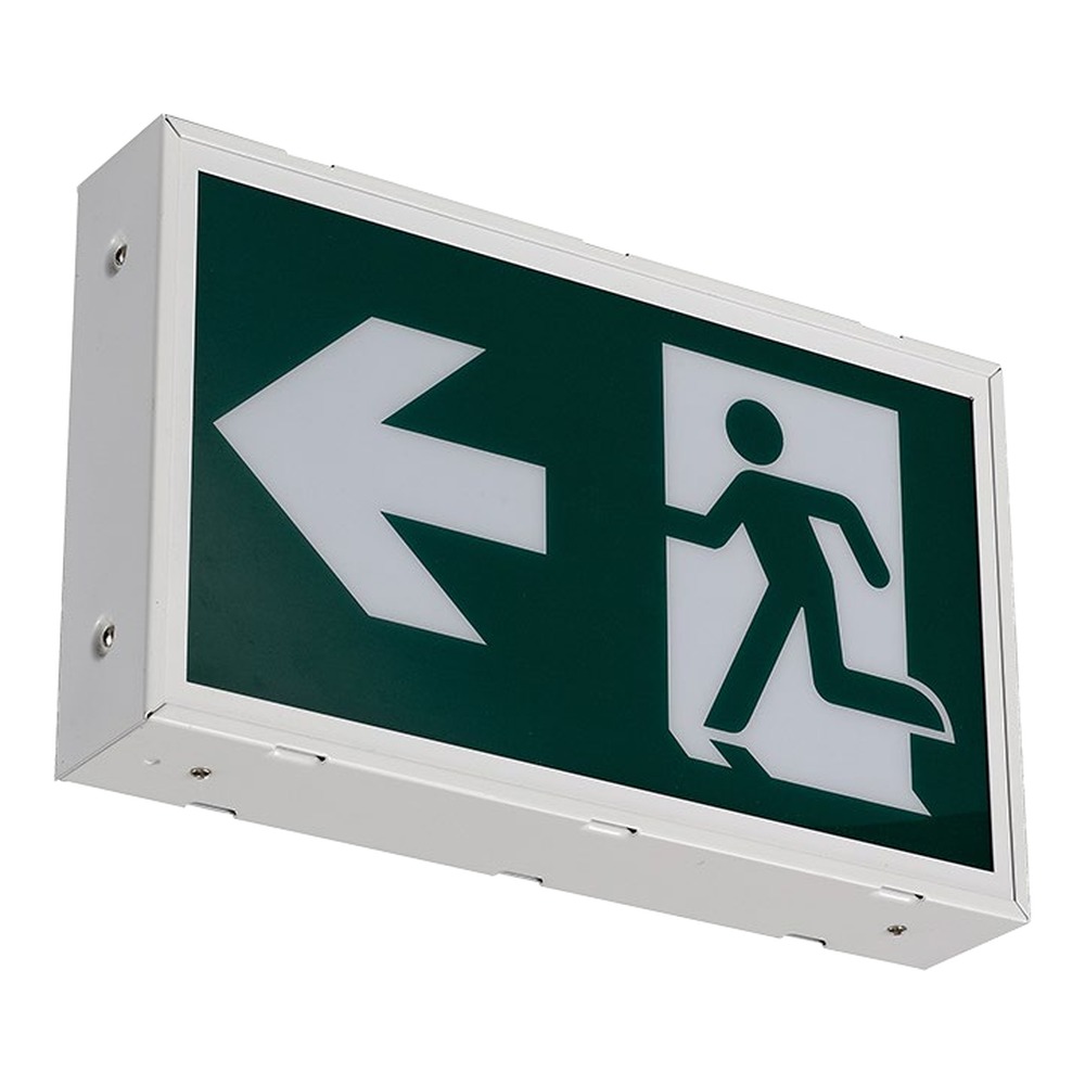 “RUNNING MAN” LED EMERGENCY SIGN - WHITE METAL HOUSING AC ONLY & 6-24V UDC