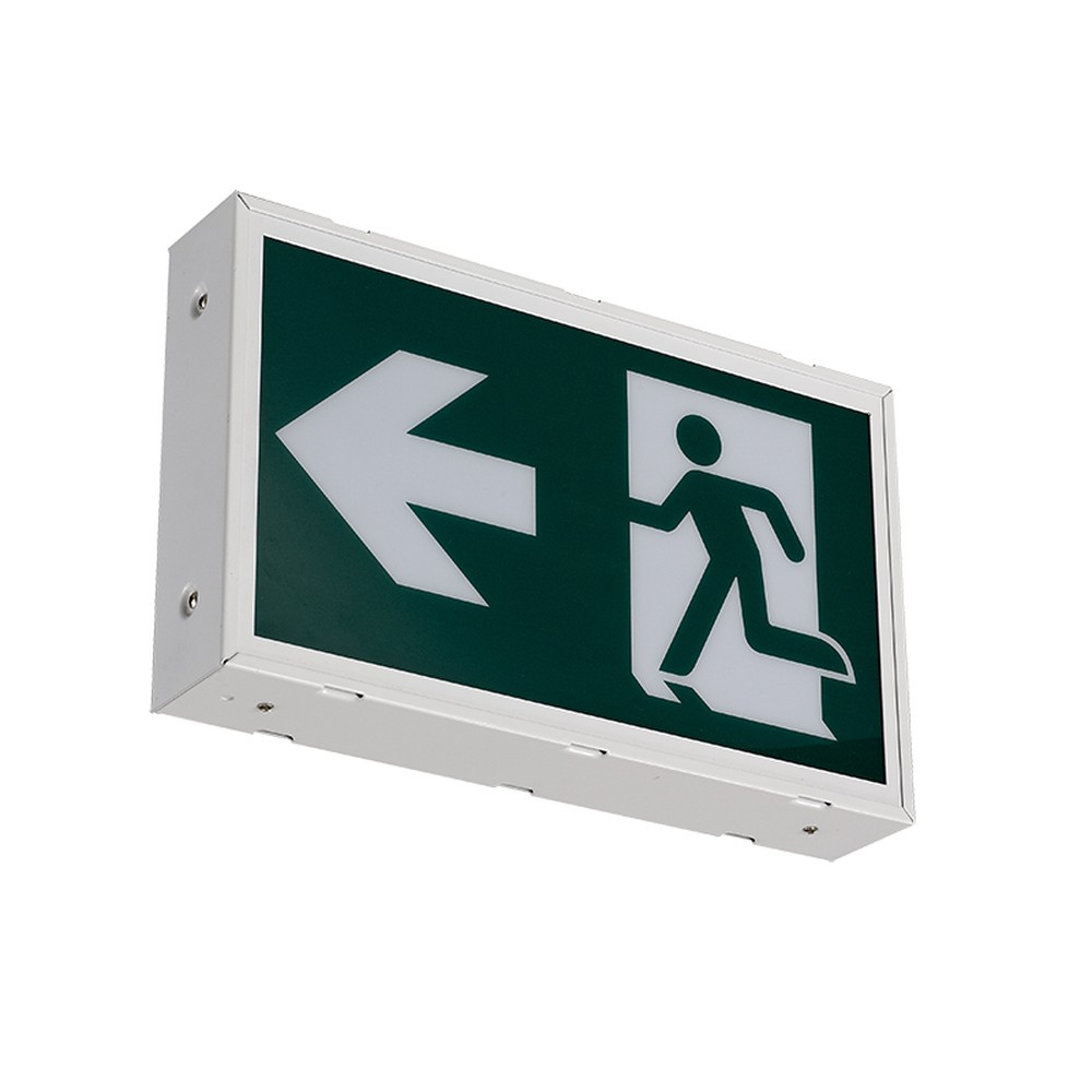 ENSEIGNE DE SORTIE D'URGENCE LED "RUNNING MAN" - BOÎTIER MÉTALLIQUE BLANC - CA ET 6-24V CC